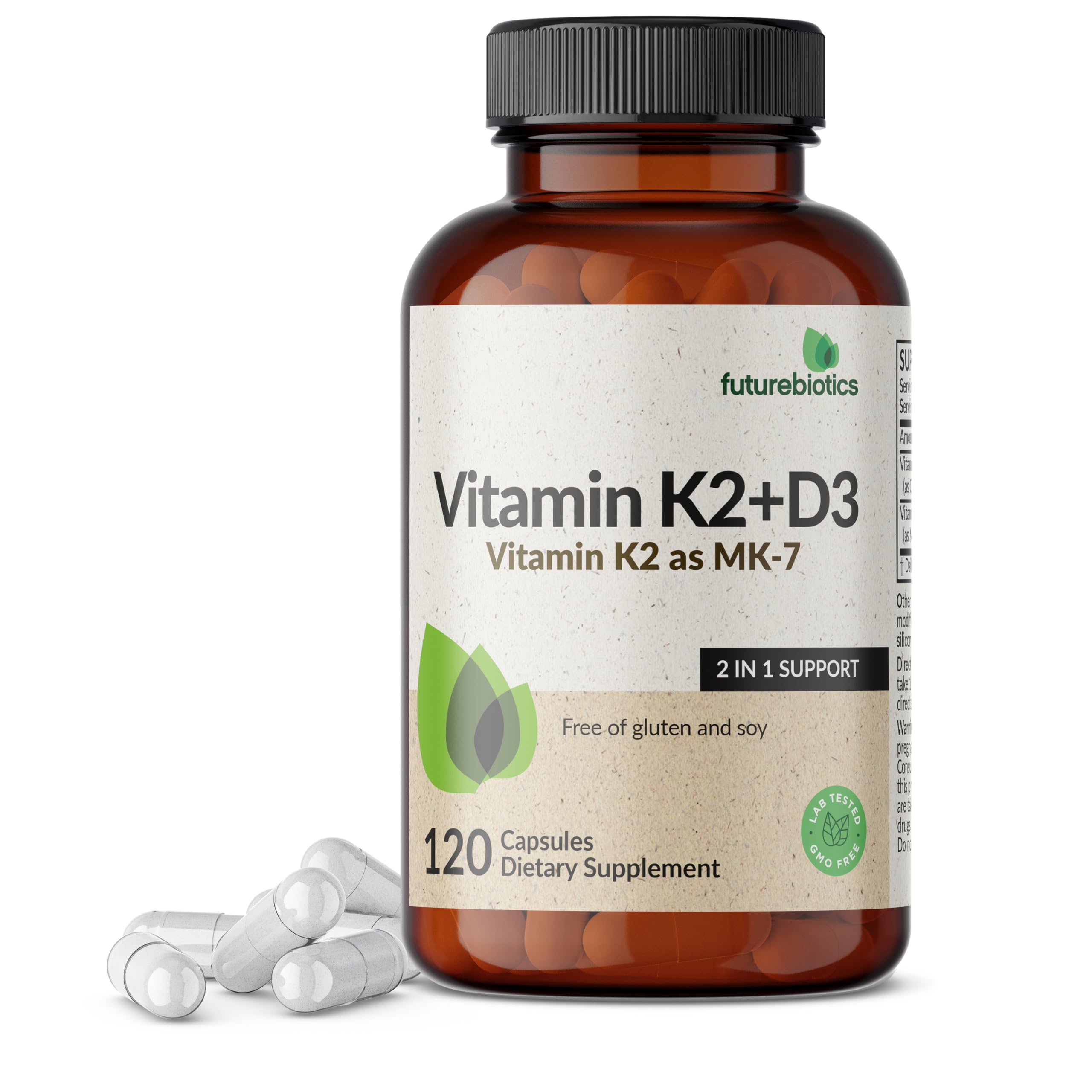 Futurebiotics Vitamin K2 MK-7 with D3 bottle front shows the 2-in-1 supplement for bones