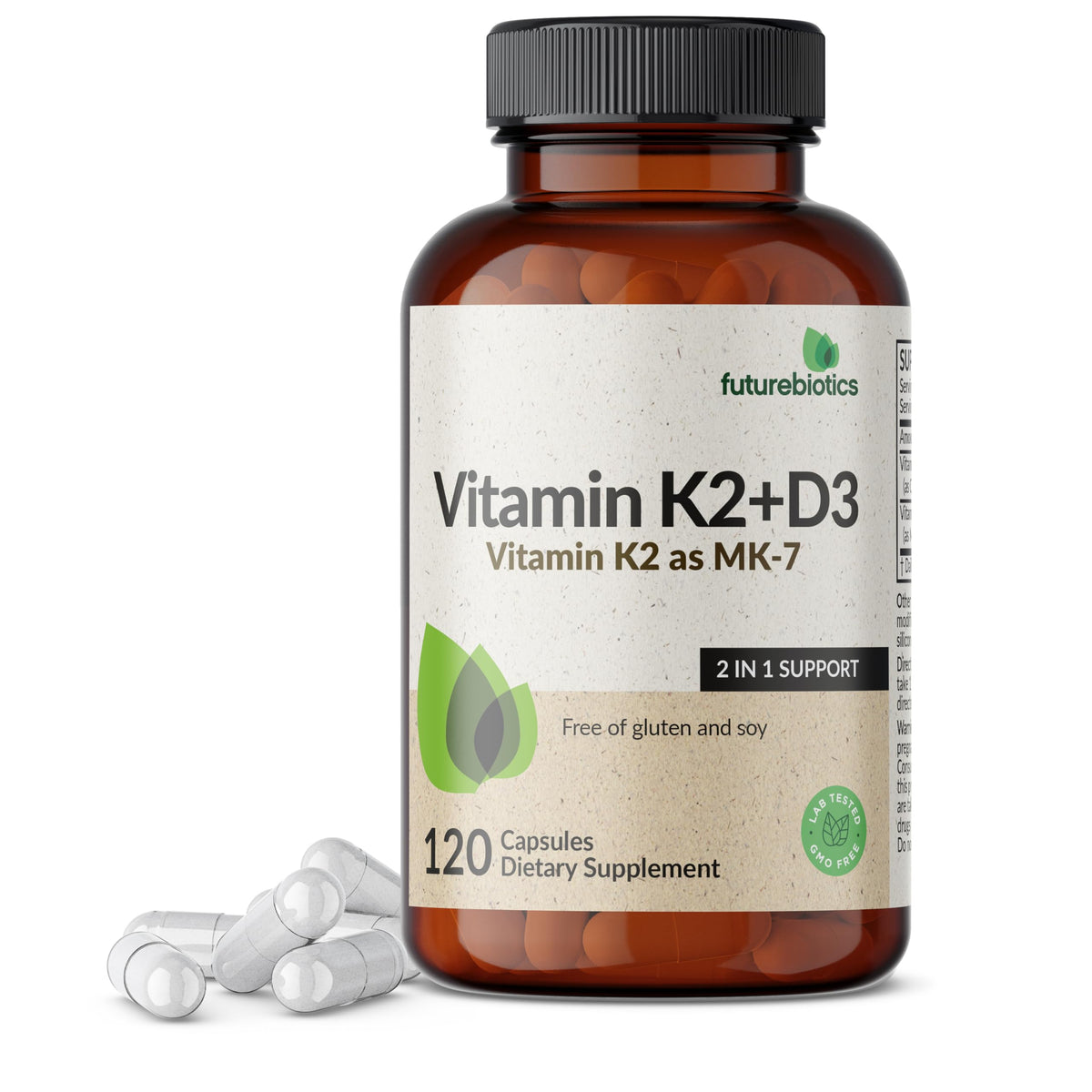 Futurebiotics Vitamin K2 MK-7 with D3 bottle front shows the 2-in-1 supplement for bones