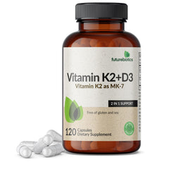 Futurebiotics Vitamin K2 MK-7 with D3 bottle front shows the 2-in-1 supplement for bones