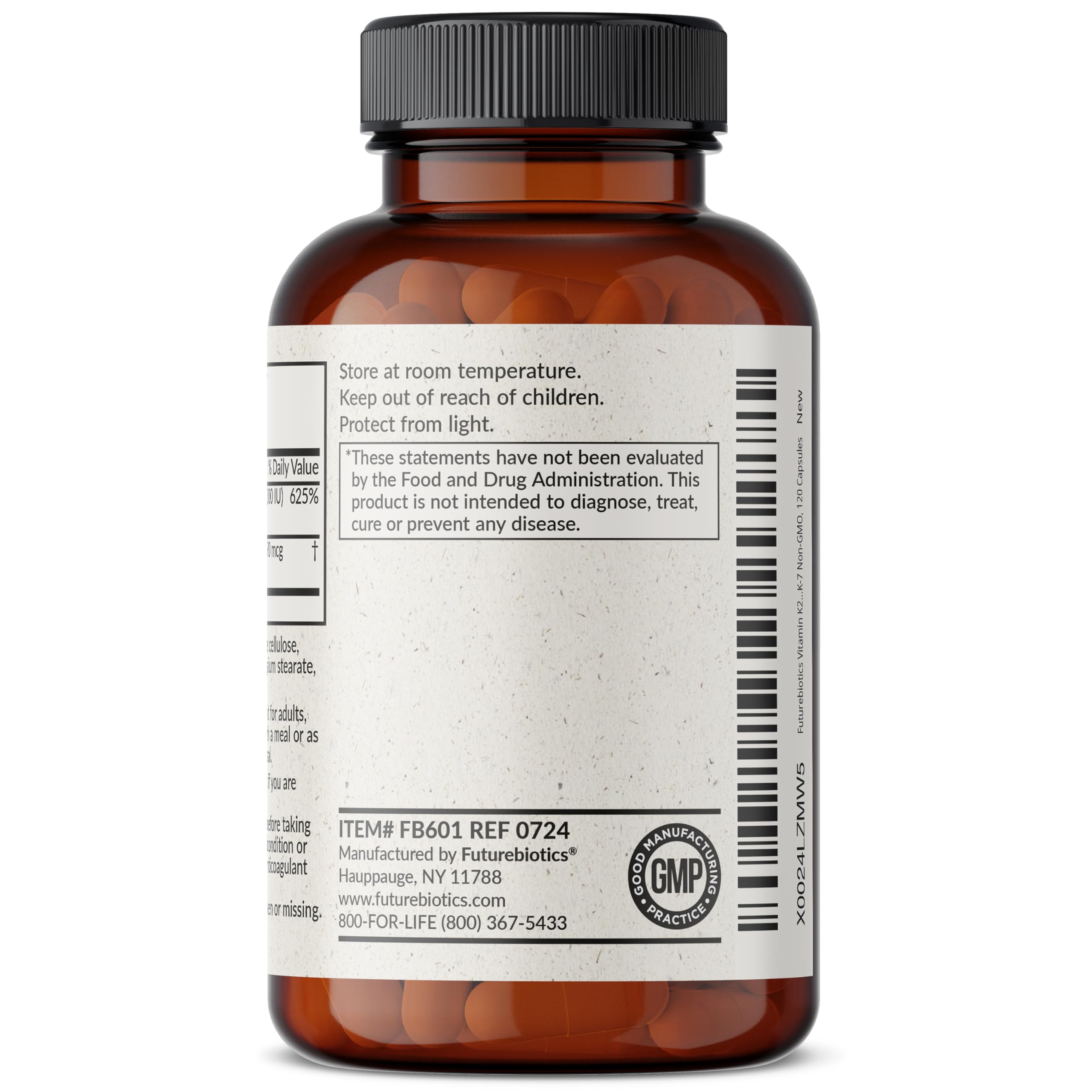 Futurebiotics Vitamin K2 MK-7 with D3 nutrition facts panel notes capsule count
