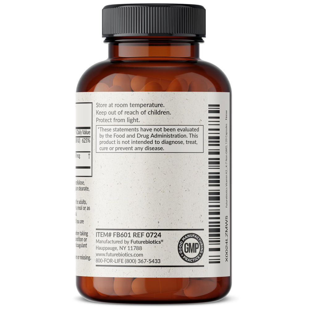 Futurebiotics Vitamin K2 MK-7 with D3 nutrition facts panel notes capsule count