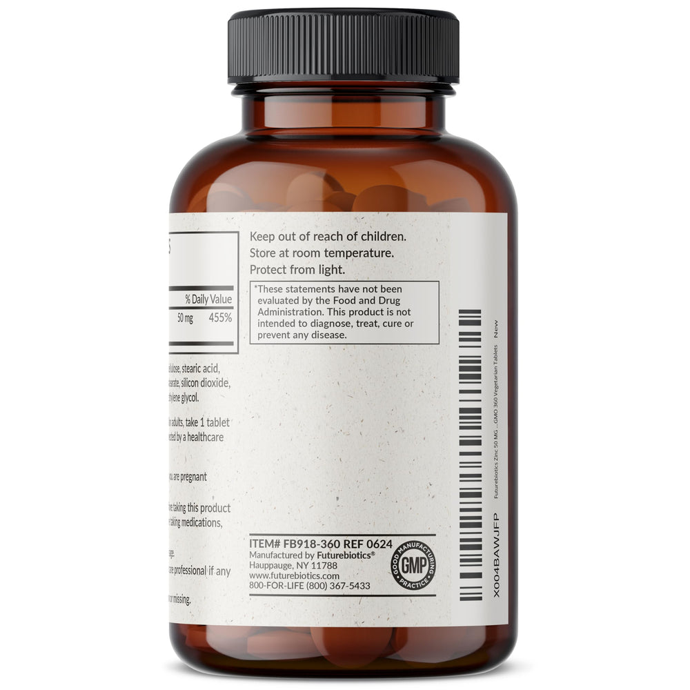 Futurebiotics Zinc 360 vegetarian tablets bottle highlighting 1-year supply.