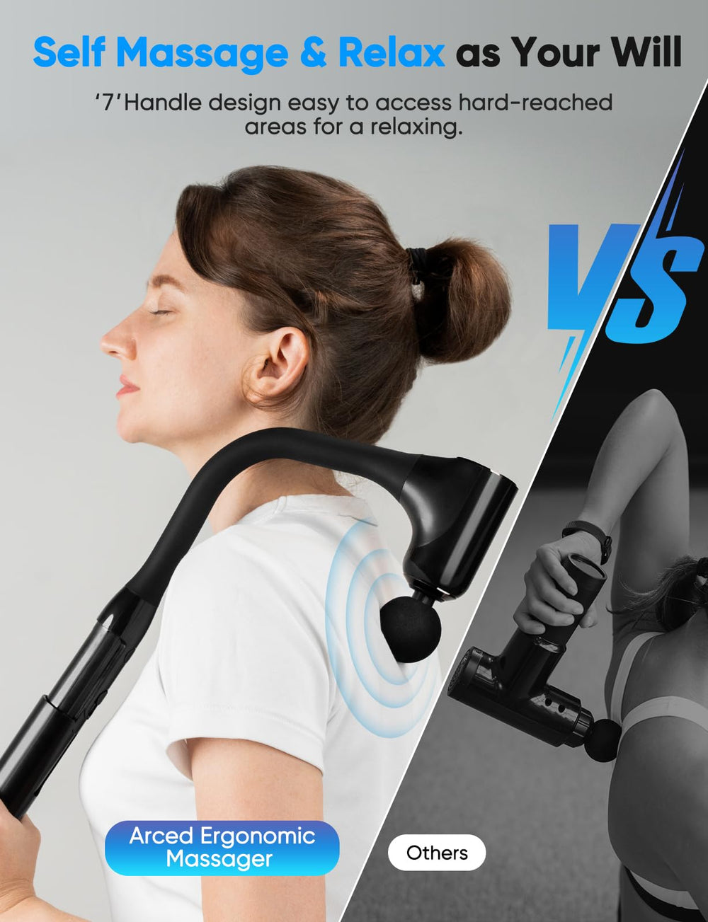 FVZ back massager extended reach enables 360° back relief for solo use.
