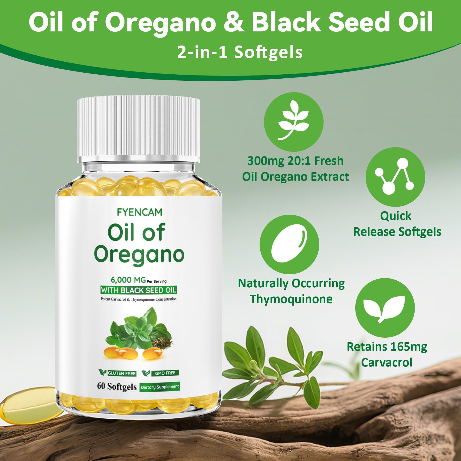 Close-up of FYENCAM oregano oil bottle label highlighting the 6000mg oregano content