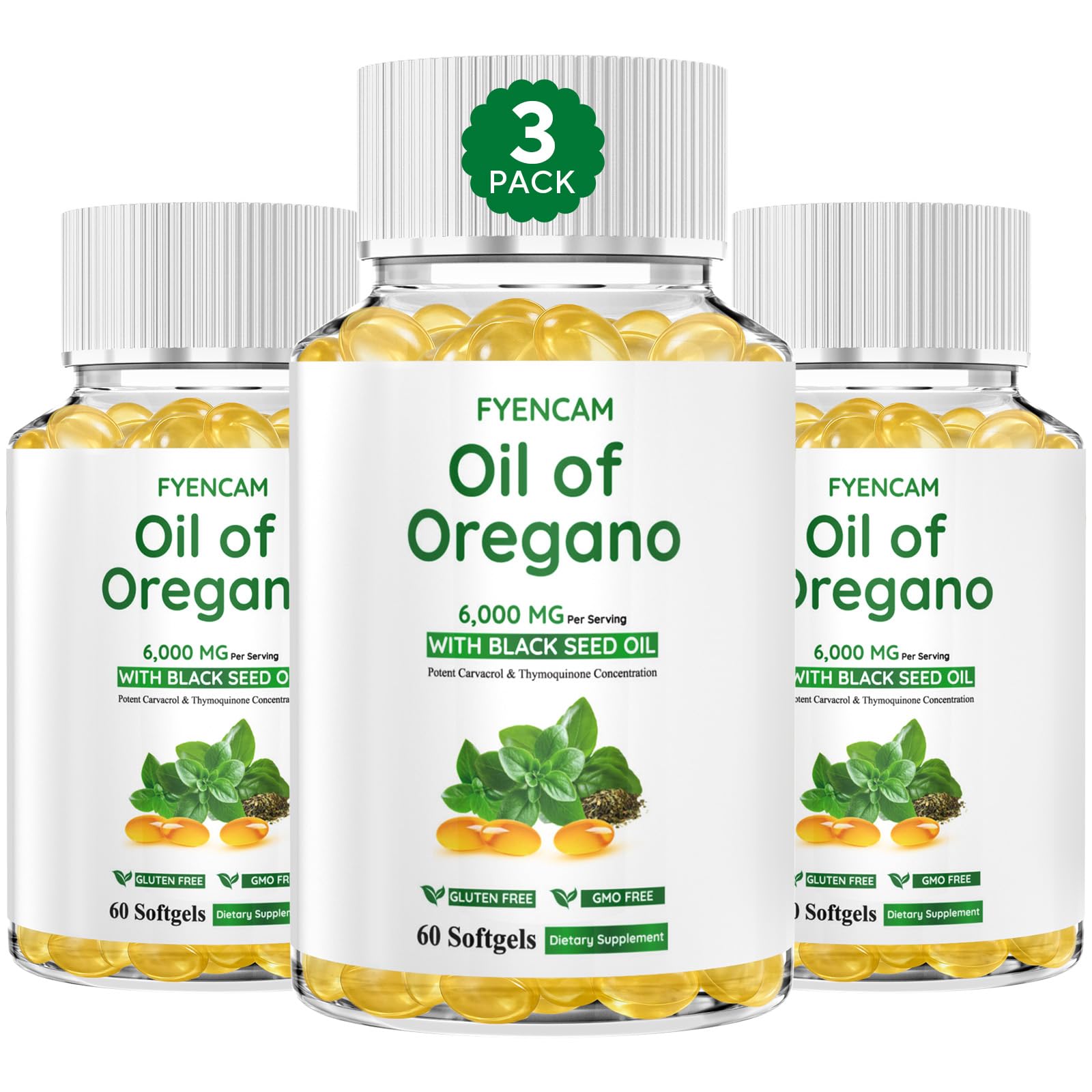 FYENCAM Oil of Oregano with Black Seed Oil bottle highlighting 6000mg oregano blend.