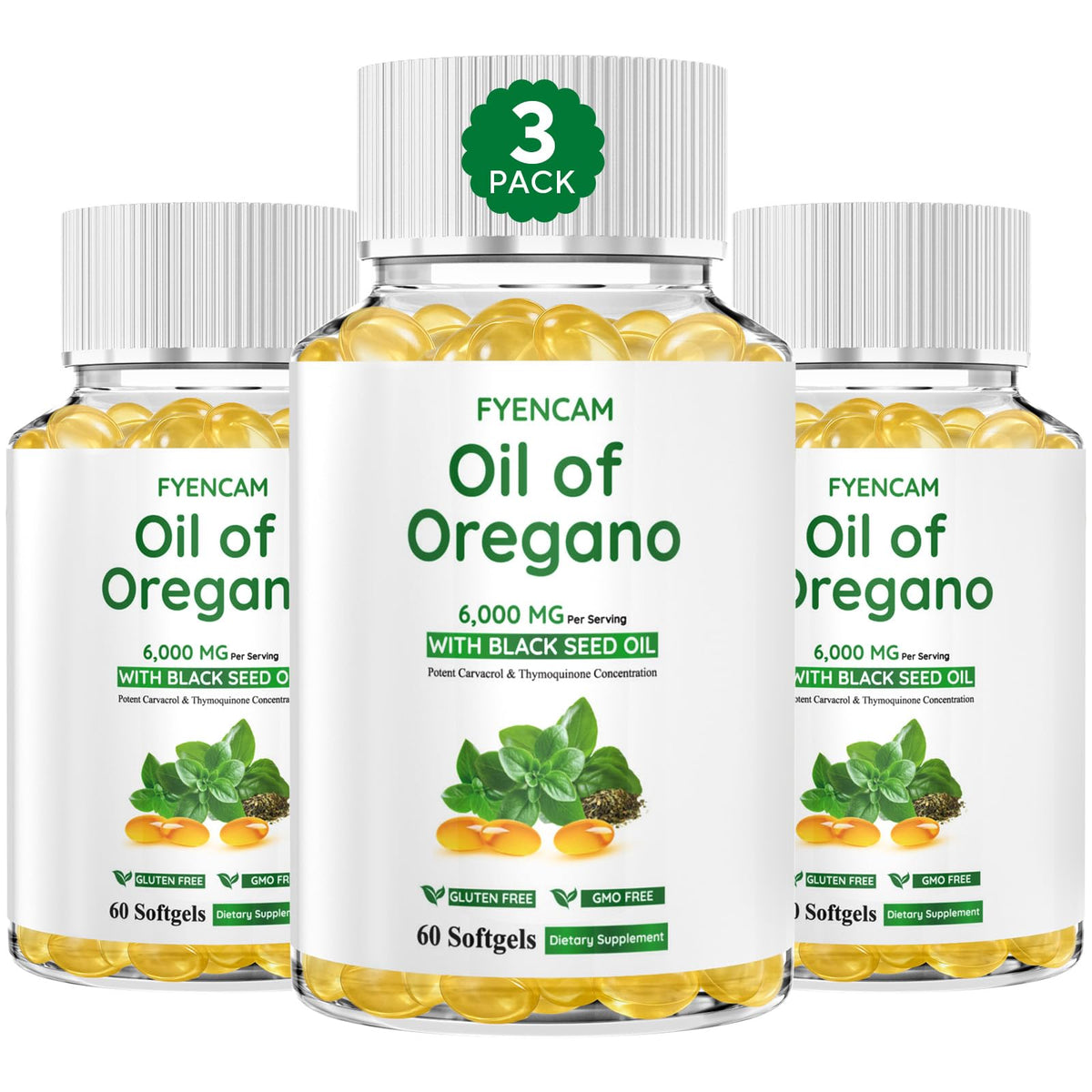 FYENCAM Oil of Oregano with Black Seed Oil bottle highlighting 6000mg oregano blend.