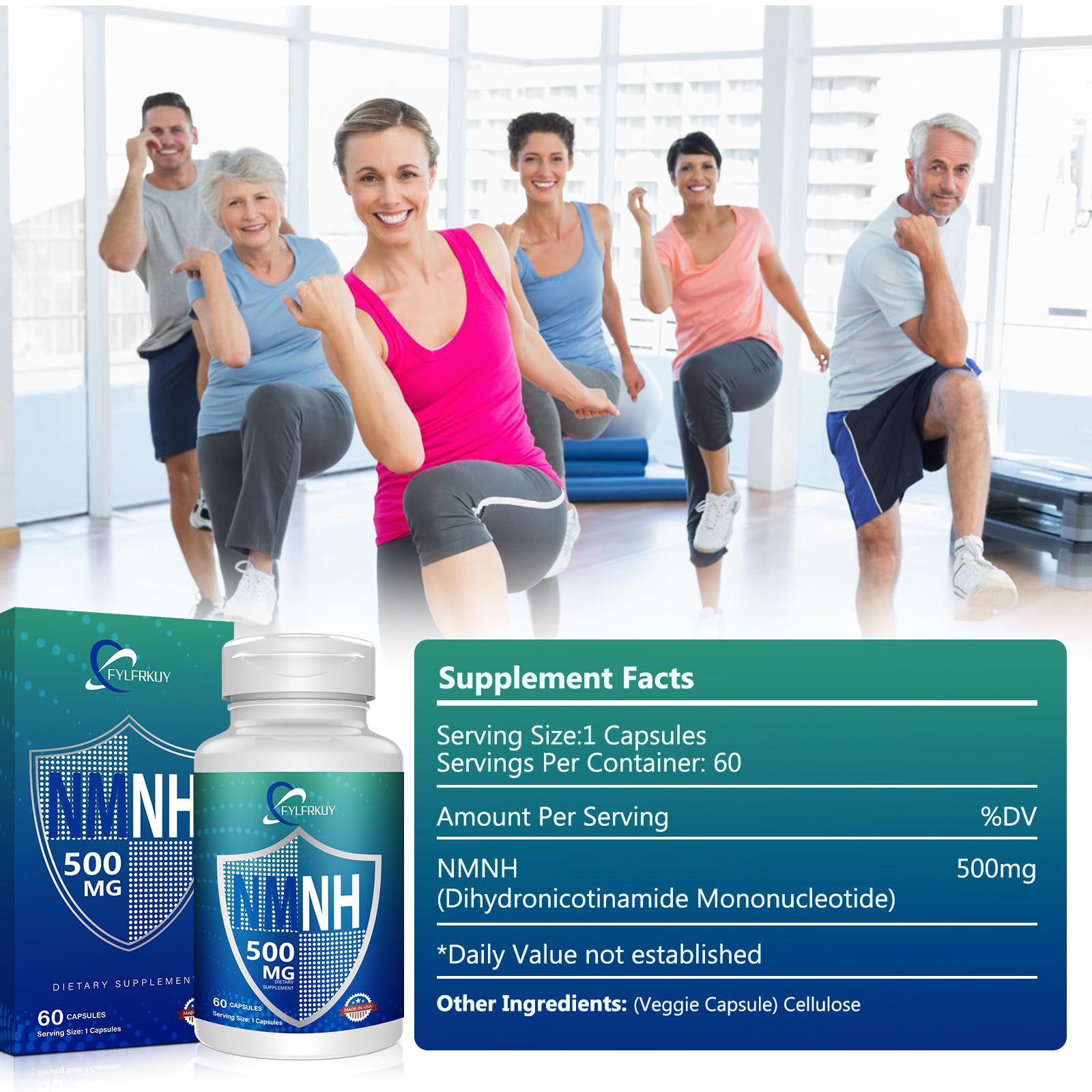 FYLFRKUY NMNH 500mg packaging emphasizes clean vegan formula