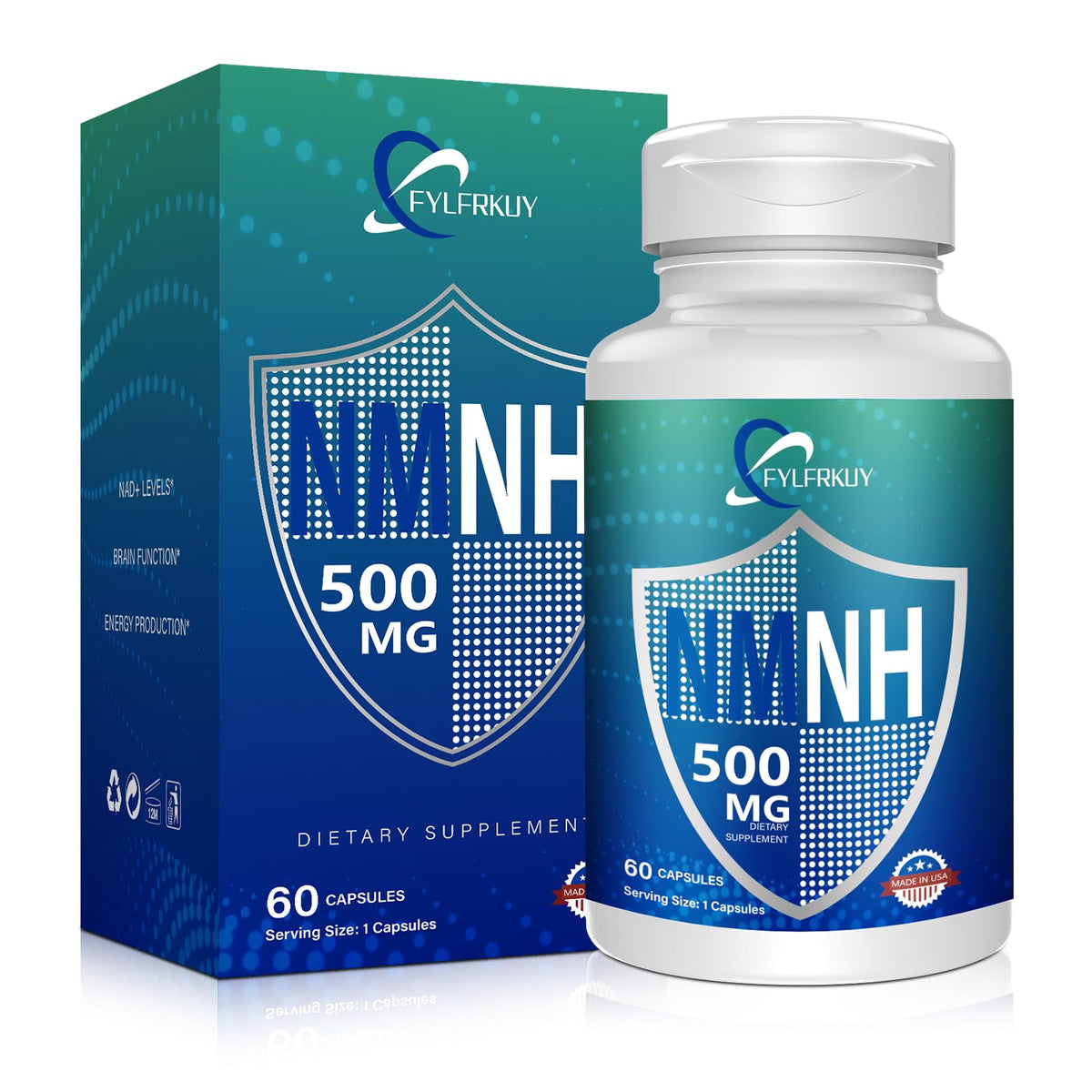 FYLFRKUY NMNH 500mg bottle front showing premium packaging for daily NAD support