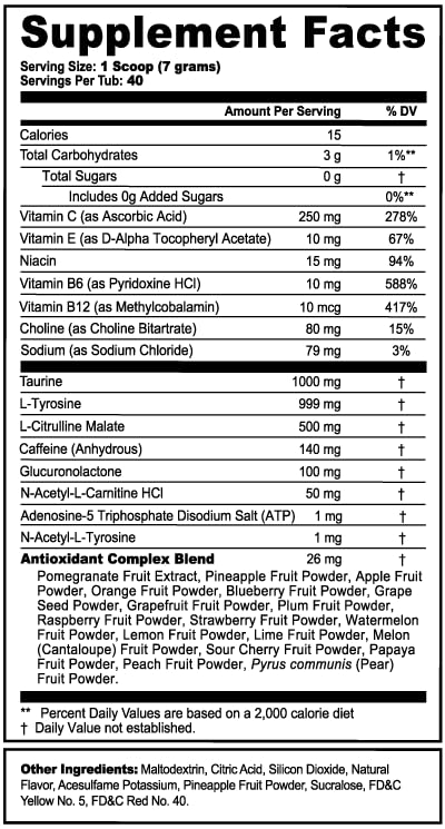 G Fuel Chucky Good Guys energy label closeup showing vitamin and antioxidant blend
