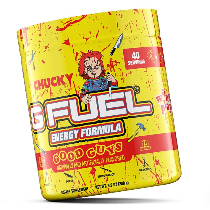 G Fuel Chucky Good Guys energy powder being mixed in a glass for a crisp flavor