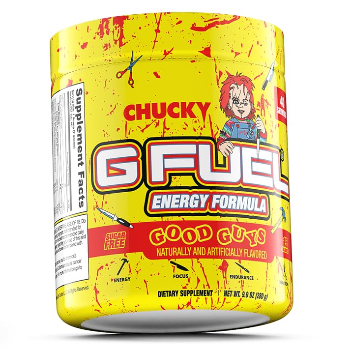 G Fuel Chucky Good Guys powdered supplement in tub highlighting Tropical Blood Orange flavor