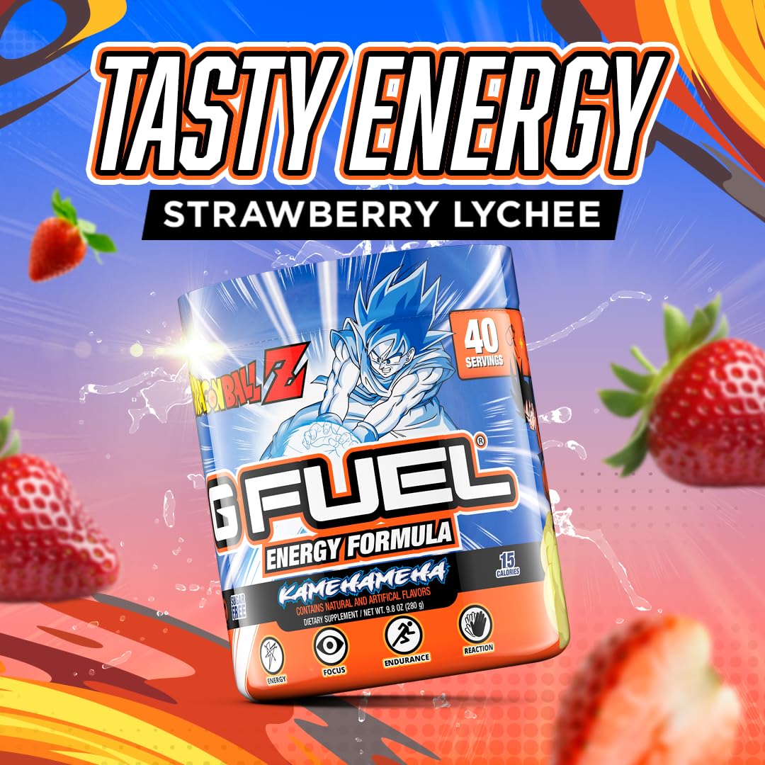 G Fuel Dragon Ball Z flavor label strawberry lychee showcasing vibrant taste.