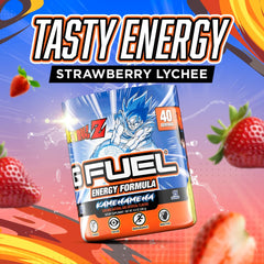 G Fuel Dragon Ball Z flavor label strawberry lychee showcasing vibrant taste.