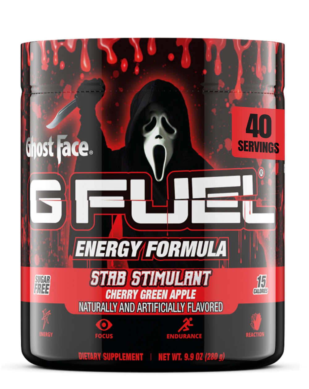 G Fuel Ghost Face energy tub front label emphasizing bold focus for gaming.