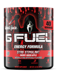 G Fuel Ghost Face energy tub front label emphasizing bold focus for gaming.