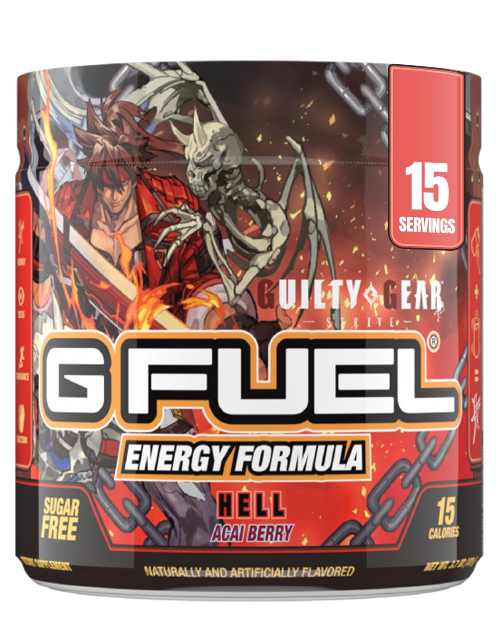 G Fuel Guilty Gear Hell Acai Berry energy powder boosts focus and endurance for gaming and workouts.