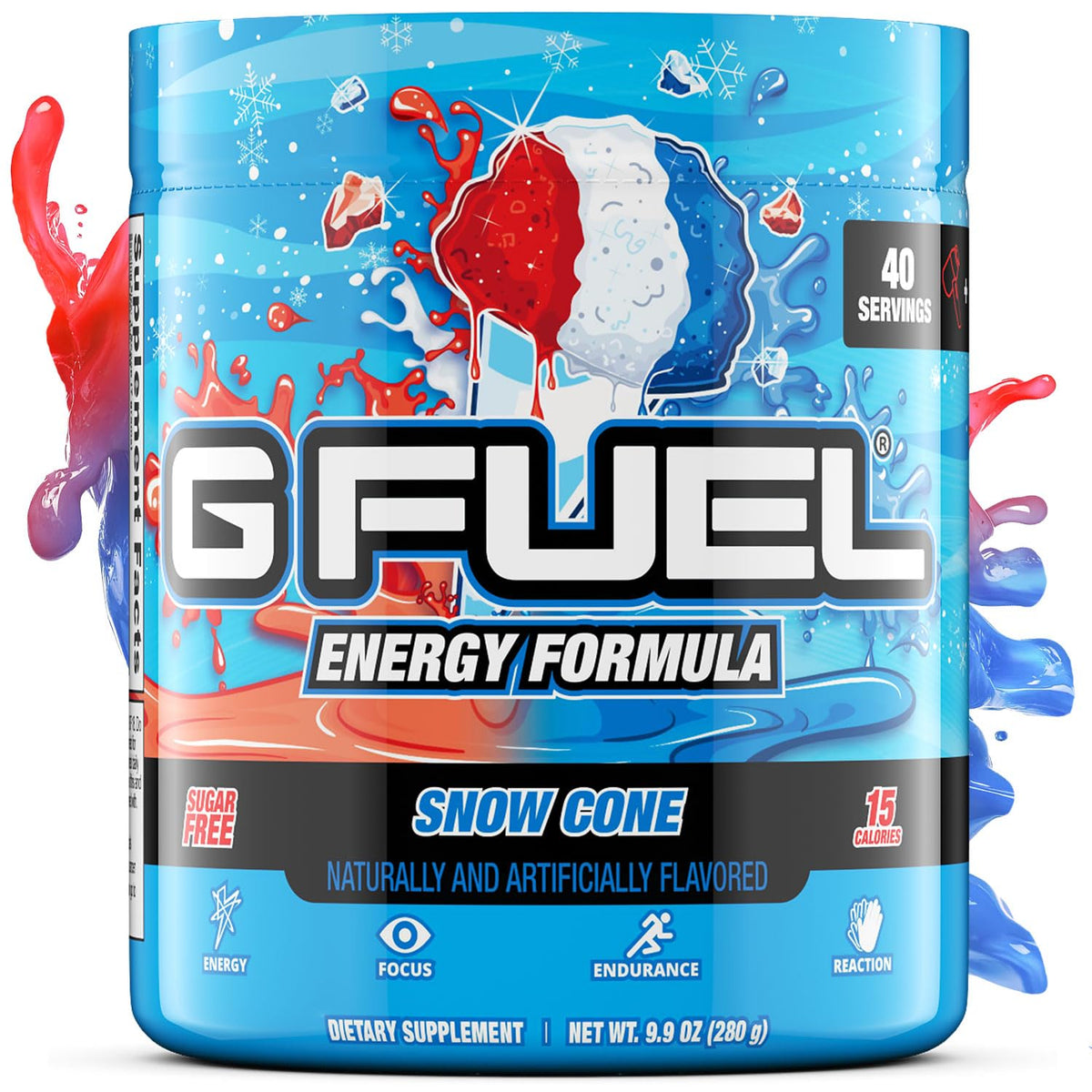 G Fuel Snow Cone bottle close-up showing branding for focused gaming sessions
