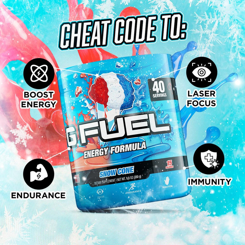 G Fuel Snow Cone serving glass with ice evokes refreshing energy