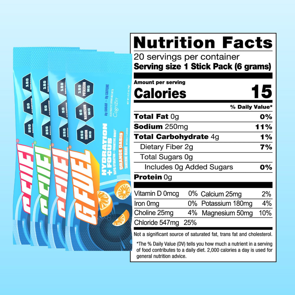 G Fuel Sugar-free label highlights zero sugar and low calories
