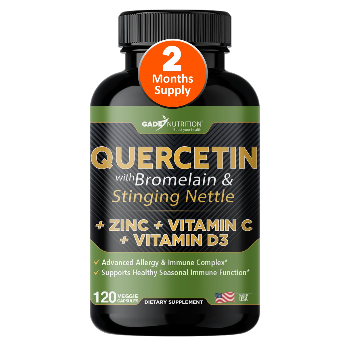 GADE NUTRITION quercetin bottle shows a potent immune-support blend