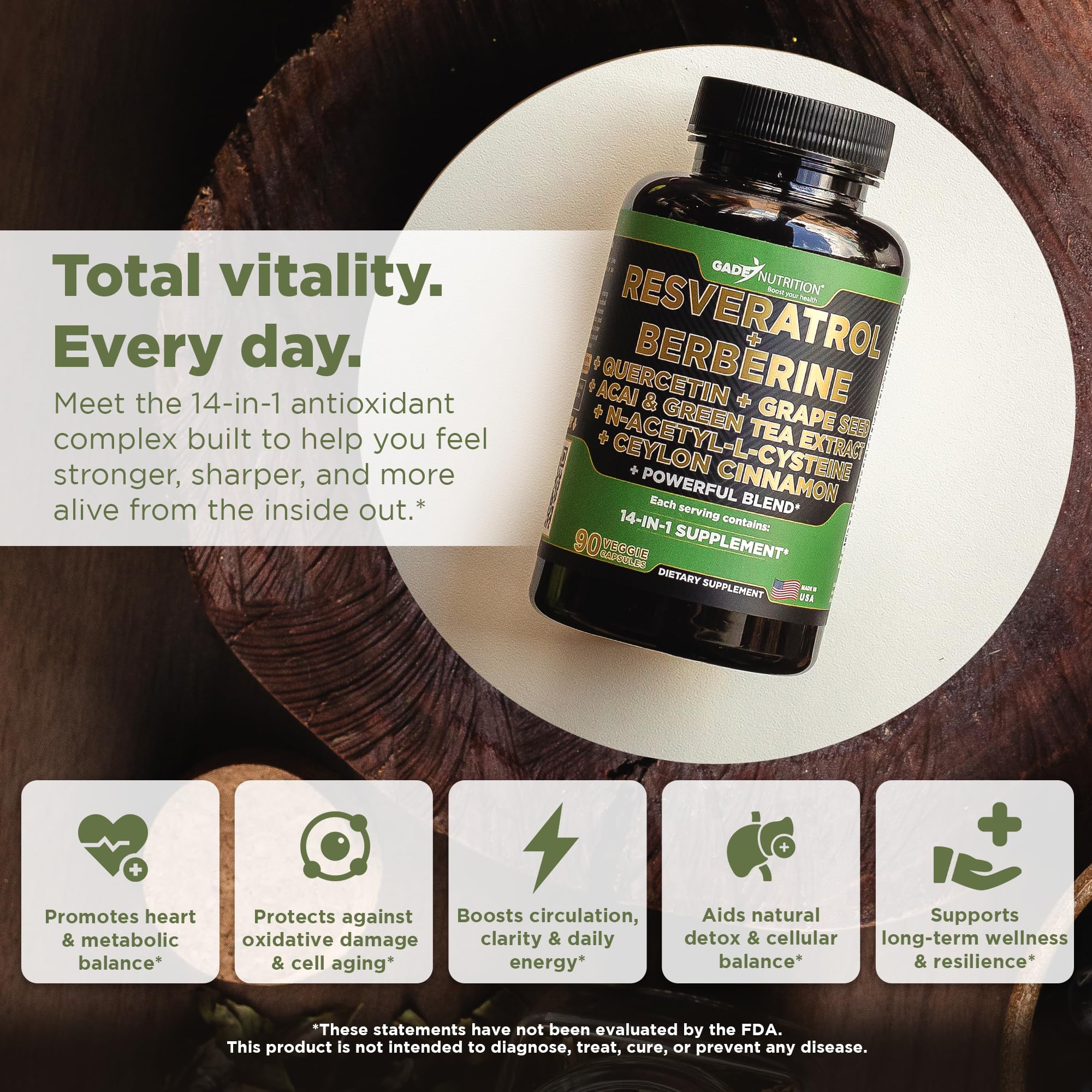 Close-up of ingredients label featuring grape seed, acai, and green tea extracts.