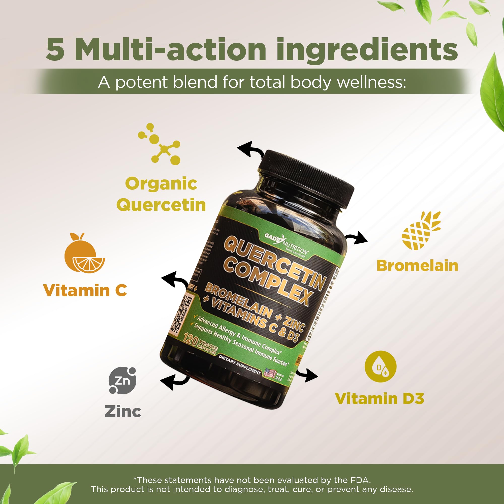 GADE NUTRITION quercetin bottle label detailing organic quercetin and bromelain
