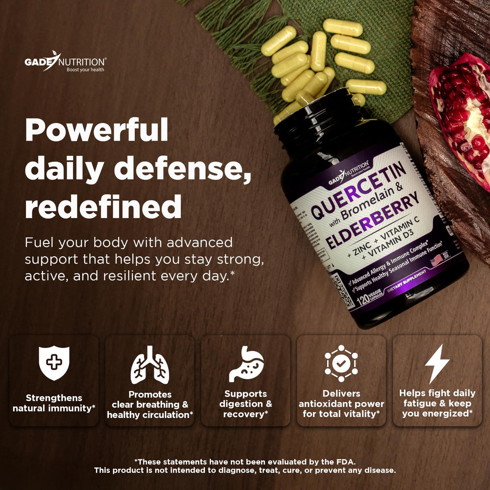 Gade Nutrition quercetin bottle label highlights bromelain and elderberry for absorption.