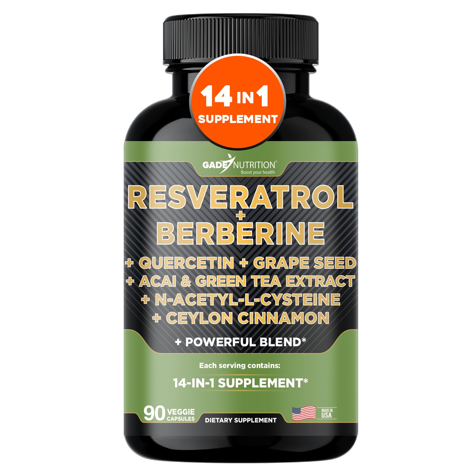 GADE NUTRITION Resveratrol-Berberine-Quercetin bottle for daily antioxidant support.