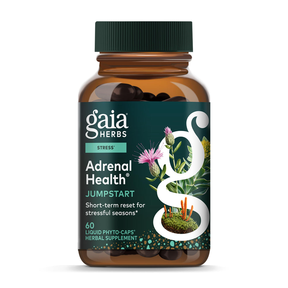 Gaia Herbs Adrenal Health Jumpstart bottle front showing plant-based energy support