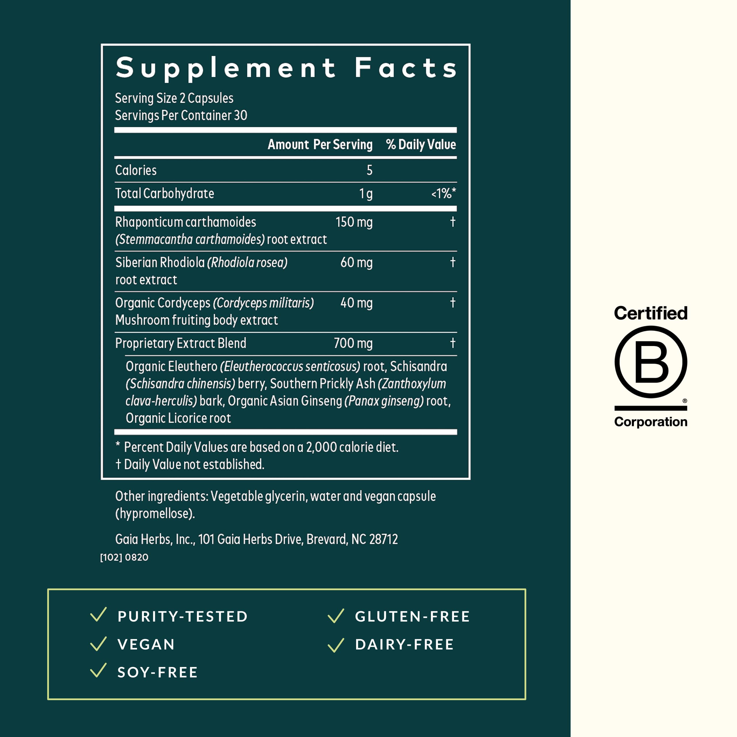 Gaia Herbs Adrenal Health Jumpstart ingredient label featuring cordyceps rhodiola schisandra