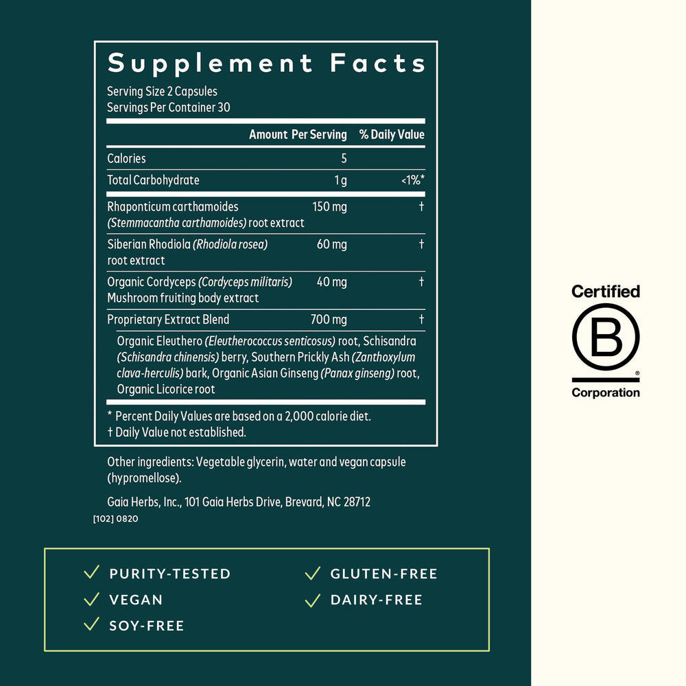 Gaia Herbs Adrenal Health Jumpstart ingredient label featuring cordyceps rhodiola schisandra
