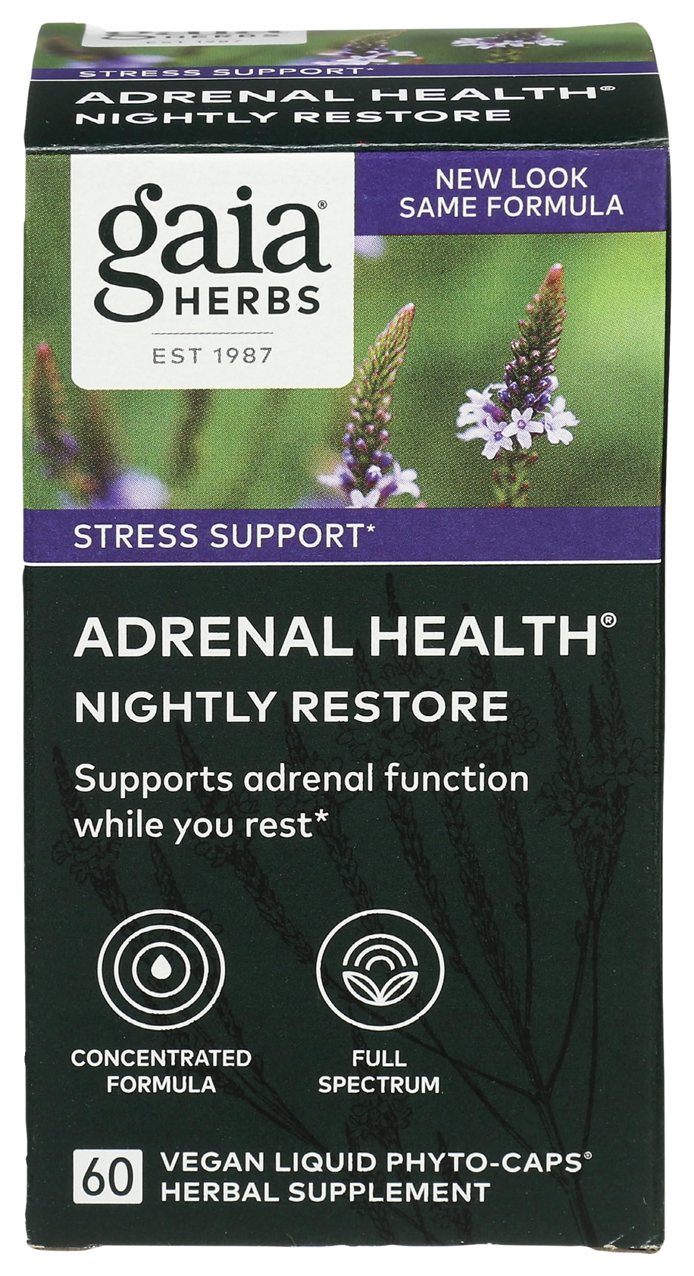 Gaia Herbs Adrenal Health Nightly Restore bottle front showing vegan liquid phyto-caps for stress support