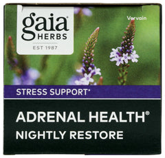 Gaia Herbs Adrenal Health Nightly Restore capsules closeup emphasizing ashwagandha and lemon balm