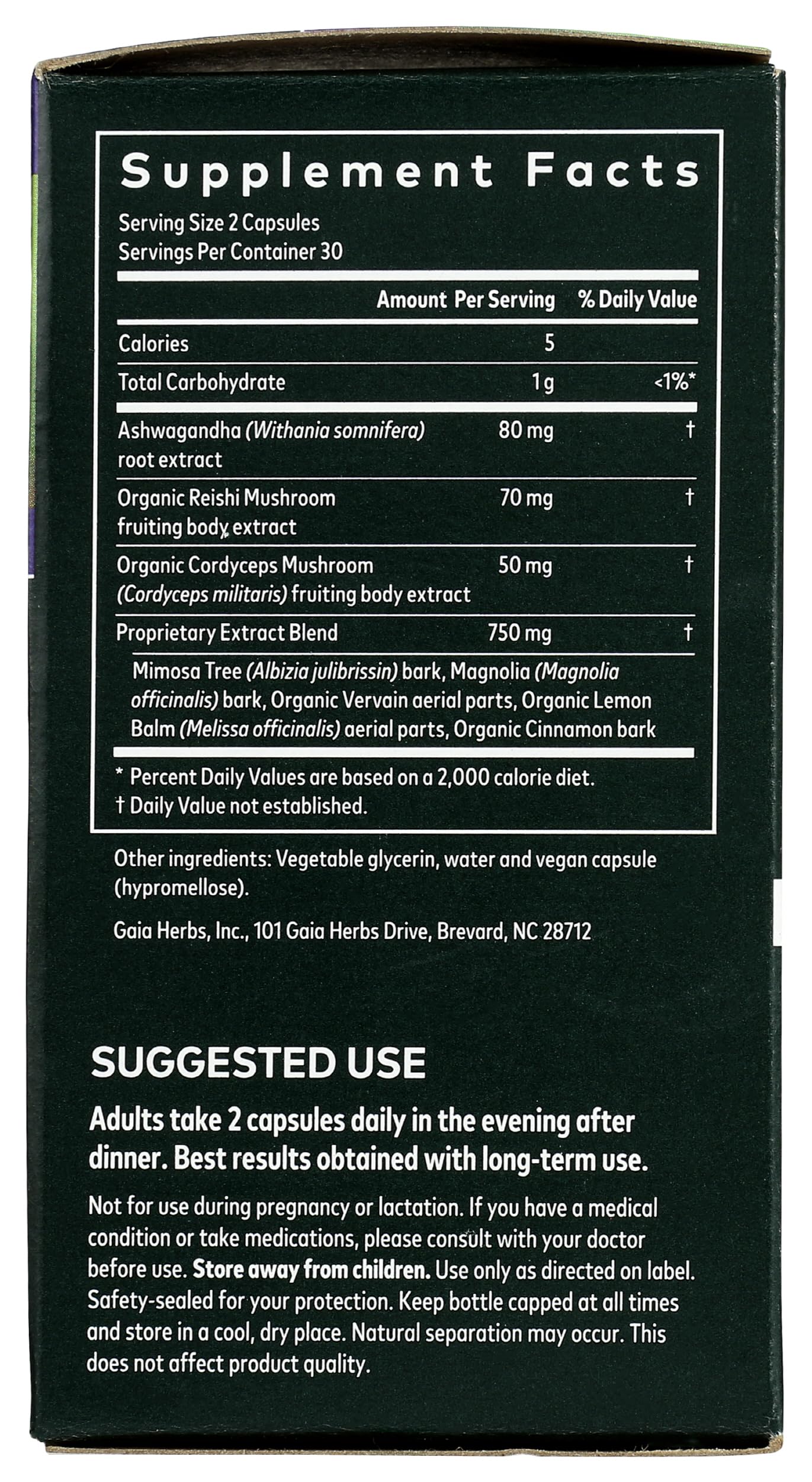 Gaia Herbs Adrenal Health Nightly Restore lemon balm leaf detail highlighting organic sourcing