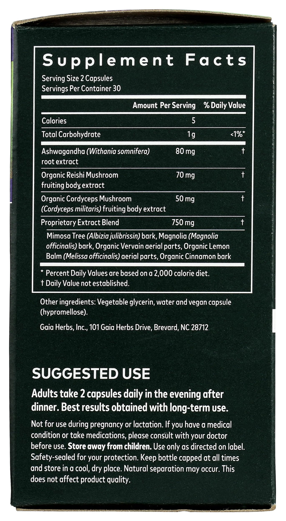 Gaia Herbs Adrenal Health Nightly Restore lemon balm leaf detail highlighting organic sourcing