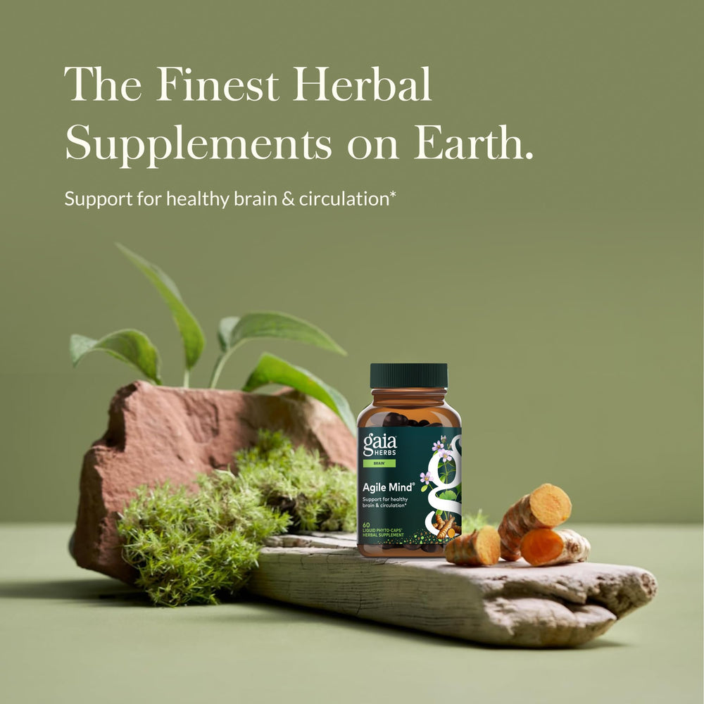 Gaia Herbs Agile Mind bottle back showing vegan phyto-capsules for daily wellness