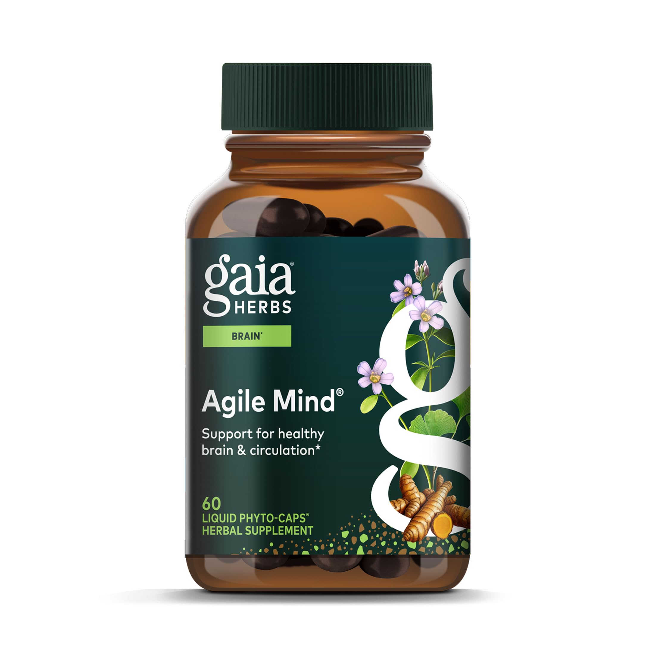 Gaia Herbs Agile Mind bottle front for stimulant-free brain support and focus