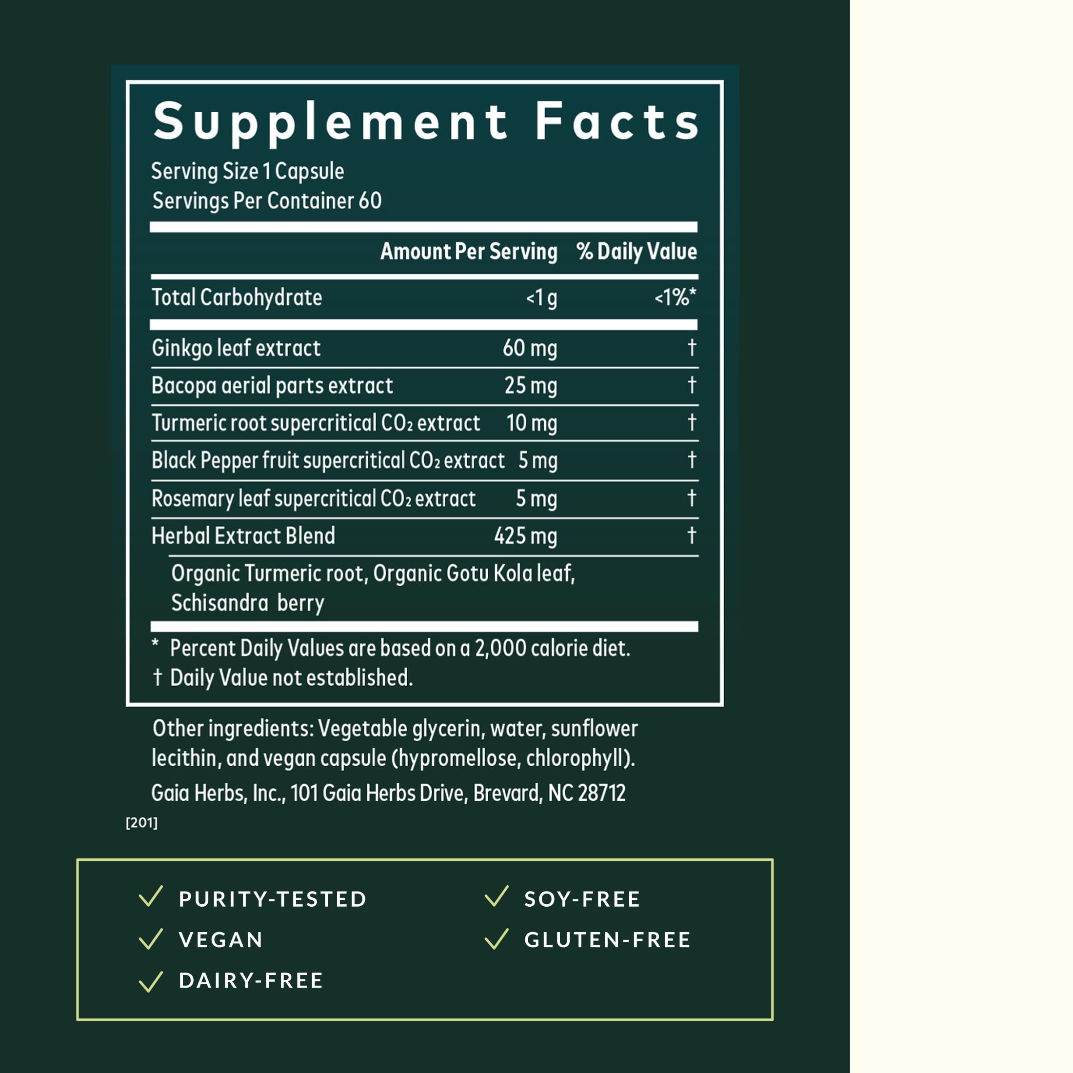 Close-up of turmeric root and bacopa on Gaia Agile Mind label