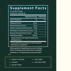 Close-up of turmeric root and bacopa on Gaia Agile Mind label