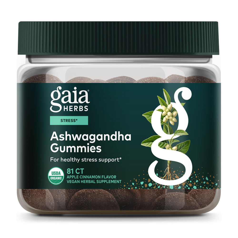 Gaia Herbs Ashwagandha Gummies bottle highlighting stress support formula with cinnamon and ginger