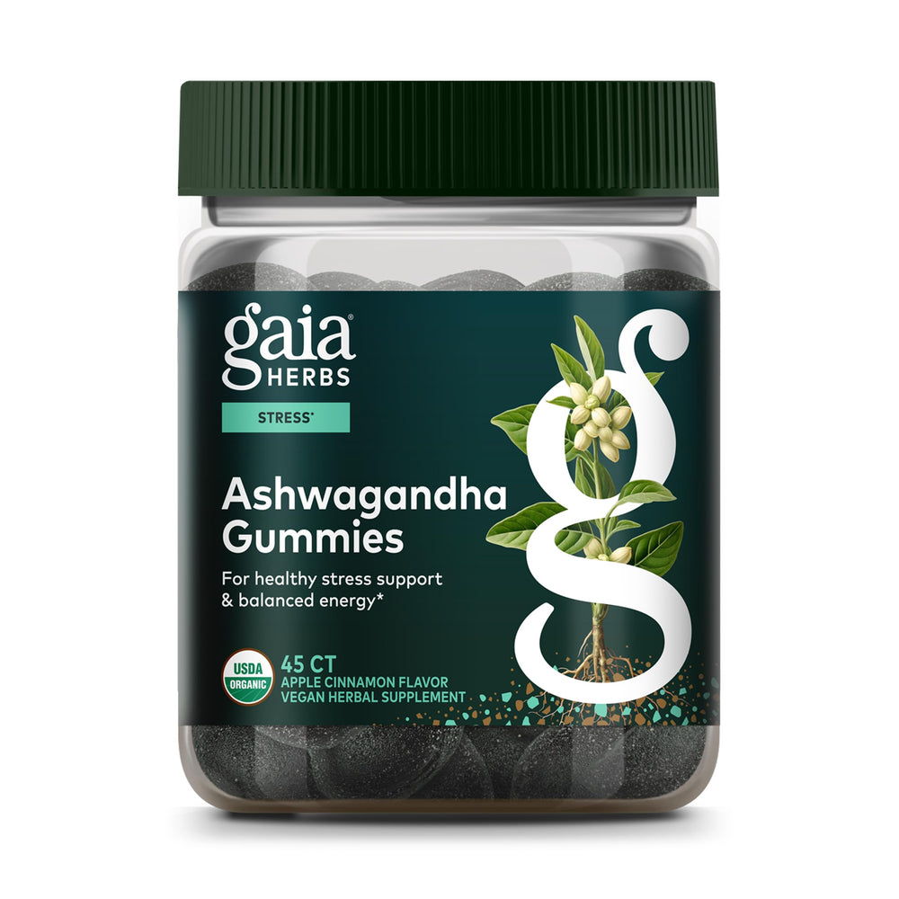 Gaia Herbs Ashwagandha Gummies bottle for daily stress support and wellness.