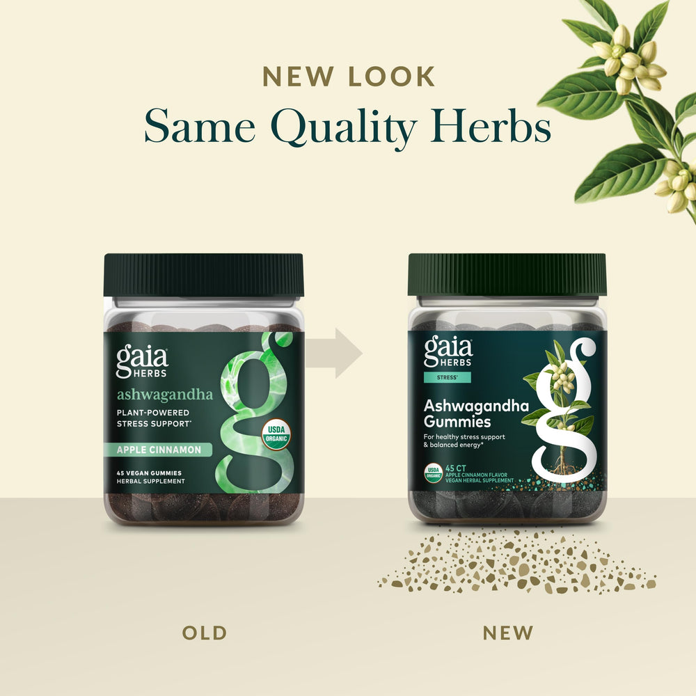 Gaia Herbs Ashwagandha Gummies ingredient panel highlights potent root extract.
