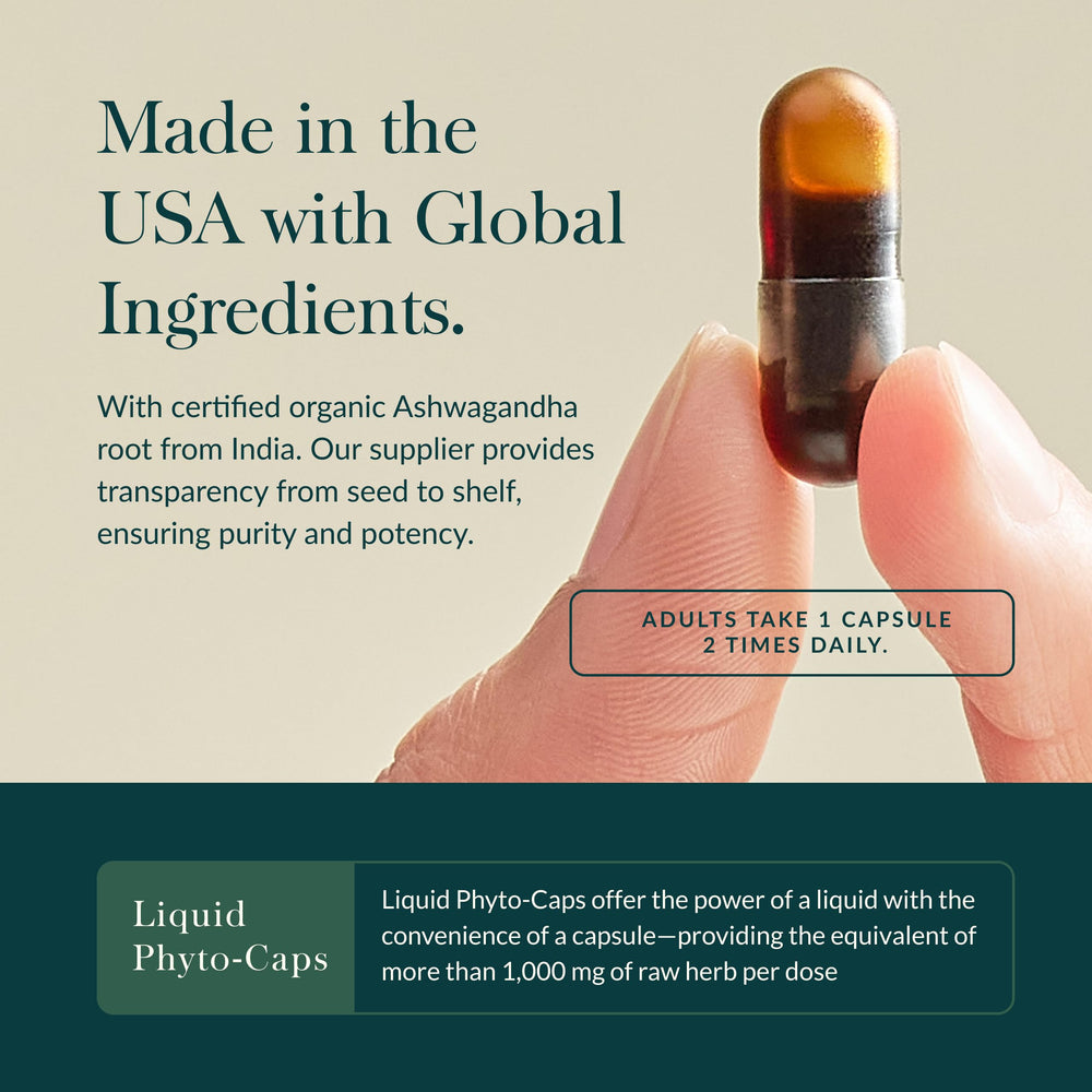 Gaia Herbs Ashwagandha organic ingredients label emphasizes organic root sourcing.