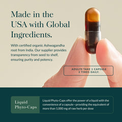 Gaia Herbs Ashwagandha organic ingredients label emphasizes organic root sourcing.