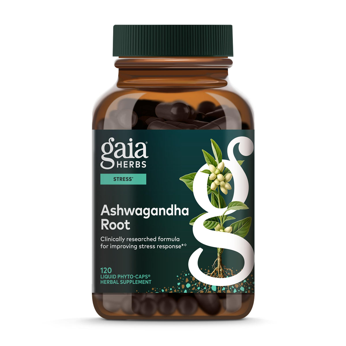Gaia Herbs Ashwagandha Root bottle front view highlighting organic sourcing.
