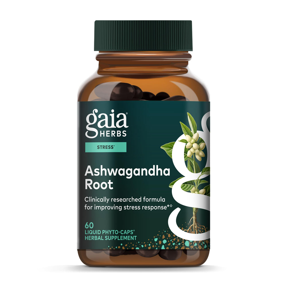 Gaia Herbs Ashwagandha Root bottle-front showing 60 vegan capsules for stress relief.