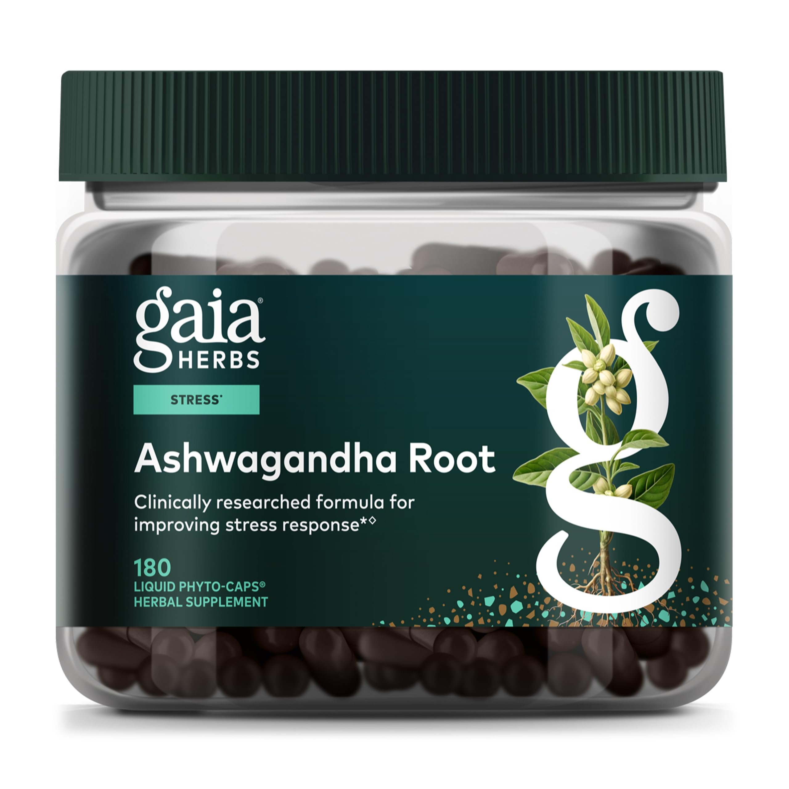 Gaia Herbs Ashwagandha root bottle for daily stress and sleep support