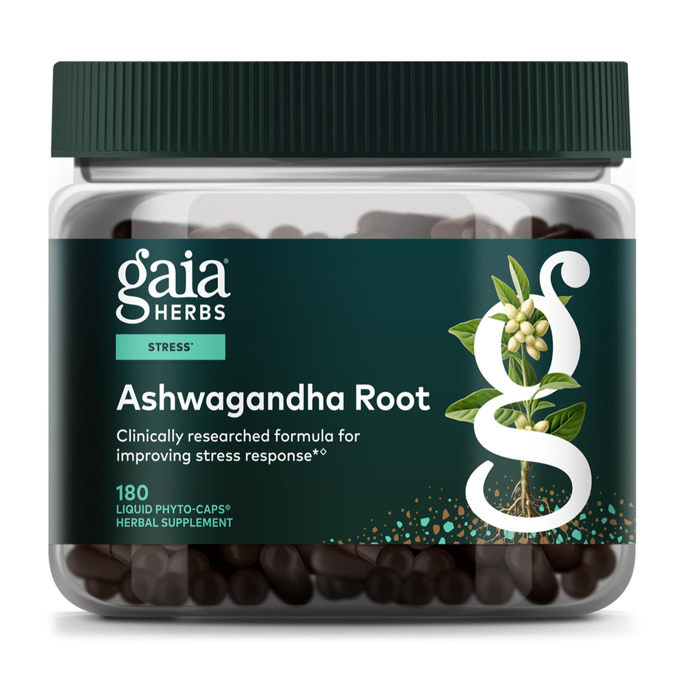 Gaia Herbs Ashwagandha root bottle for daily stress and sleep support