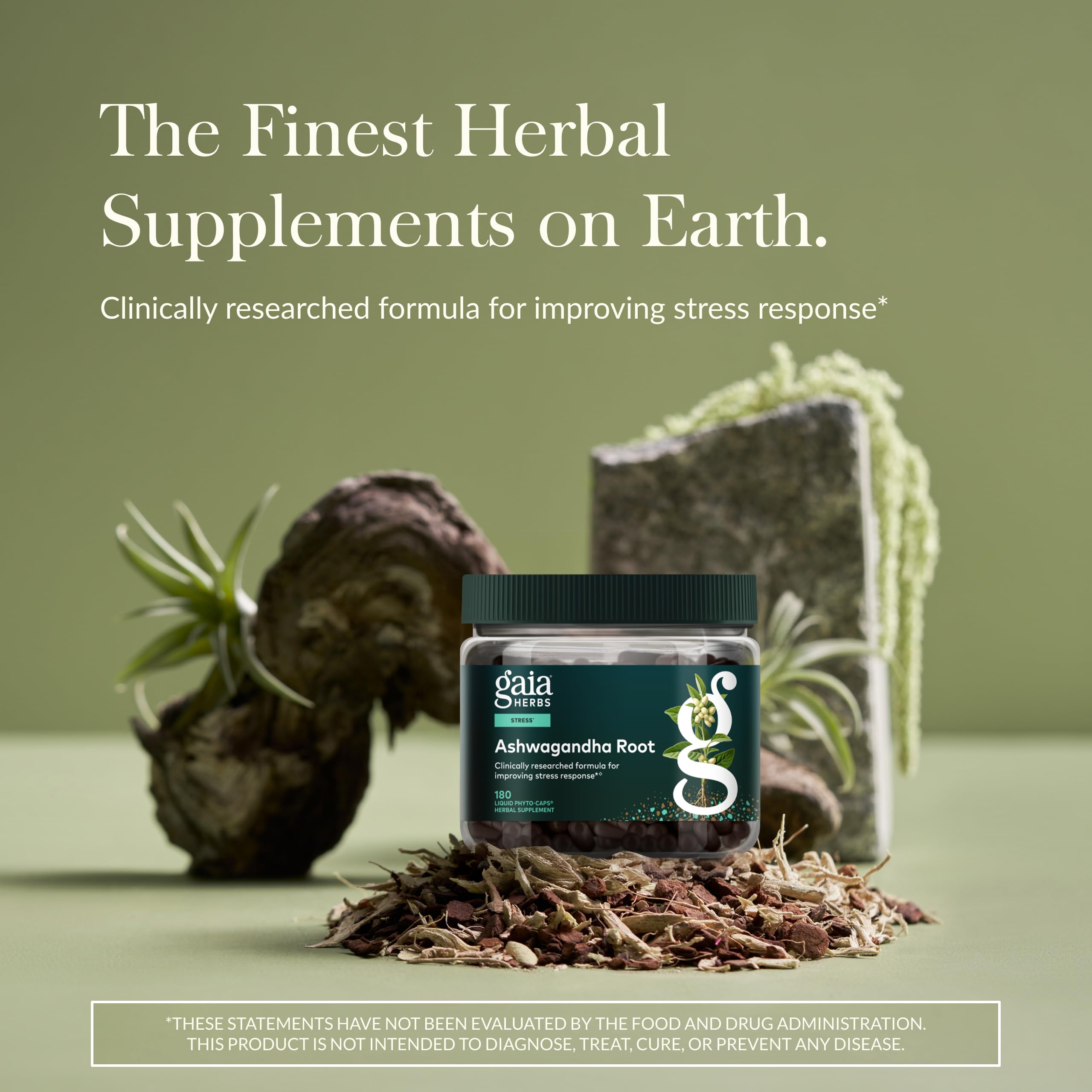 Gaia Herbs Ashwagandha root label closeup highlights organic sourcing