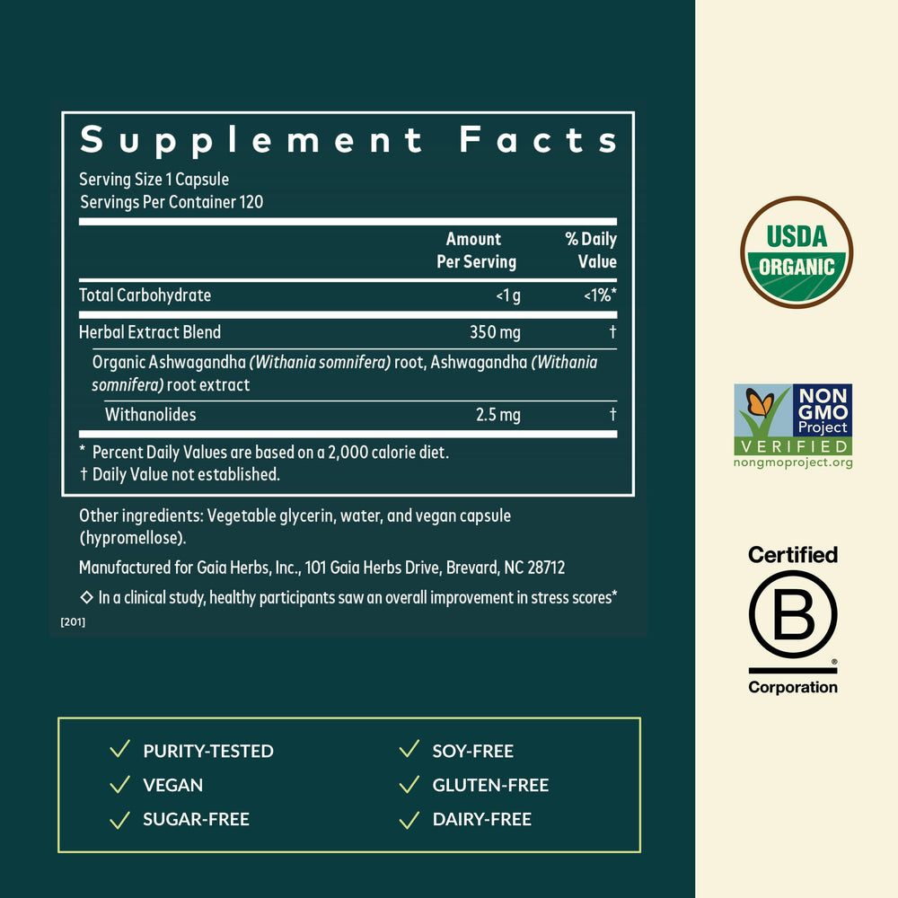 Gaia Herbs Ashwagandha Root label detailing organic sourcing and ingredients.